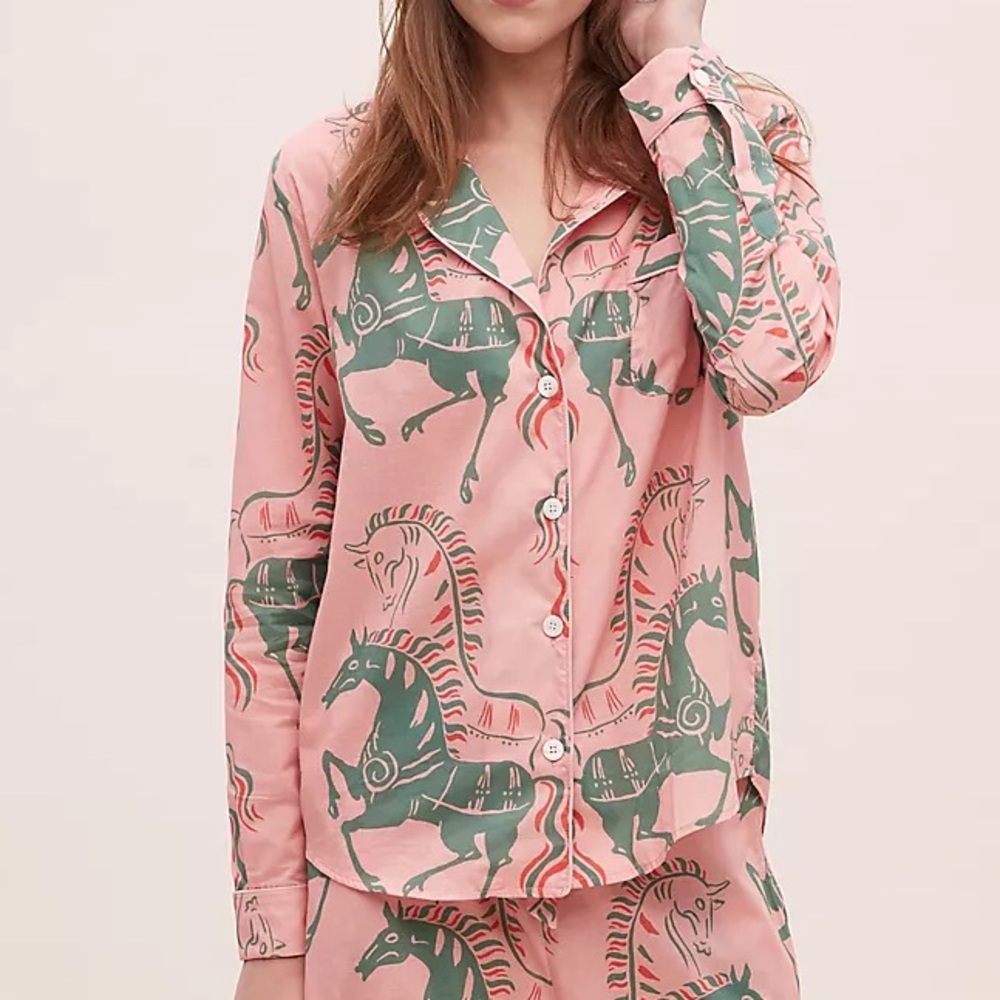 Anthropologie x Desmond & Dempsey Caballo Pyjama Pink Green Top only LARGE